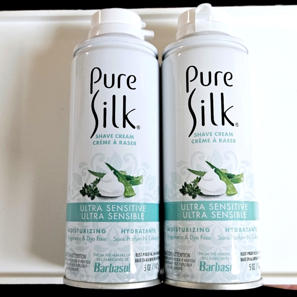 NWT 》2×《 PURE SILK ULTRA-SENSITIVE SHAVE CREAM 5oz ALUMINUM CANS w/SAFETY CAPS!